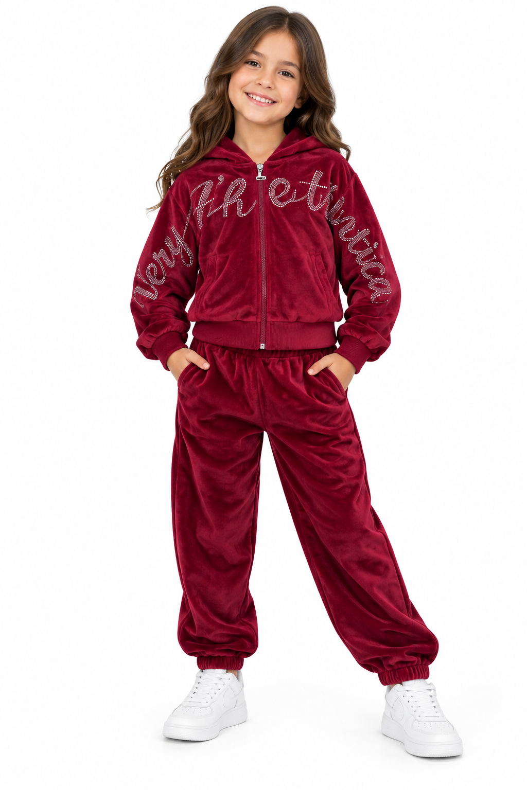Set niña color vino de terciopelo con pedrería brillante