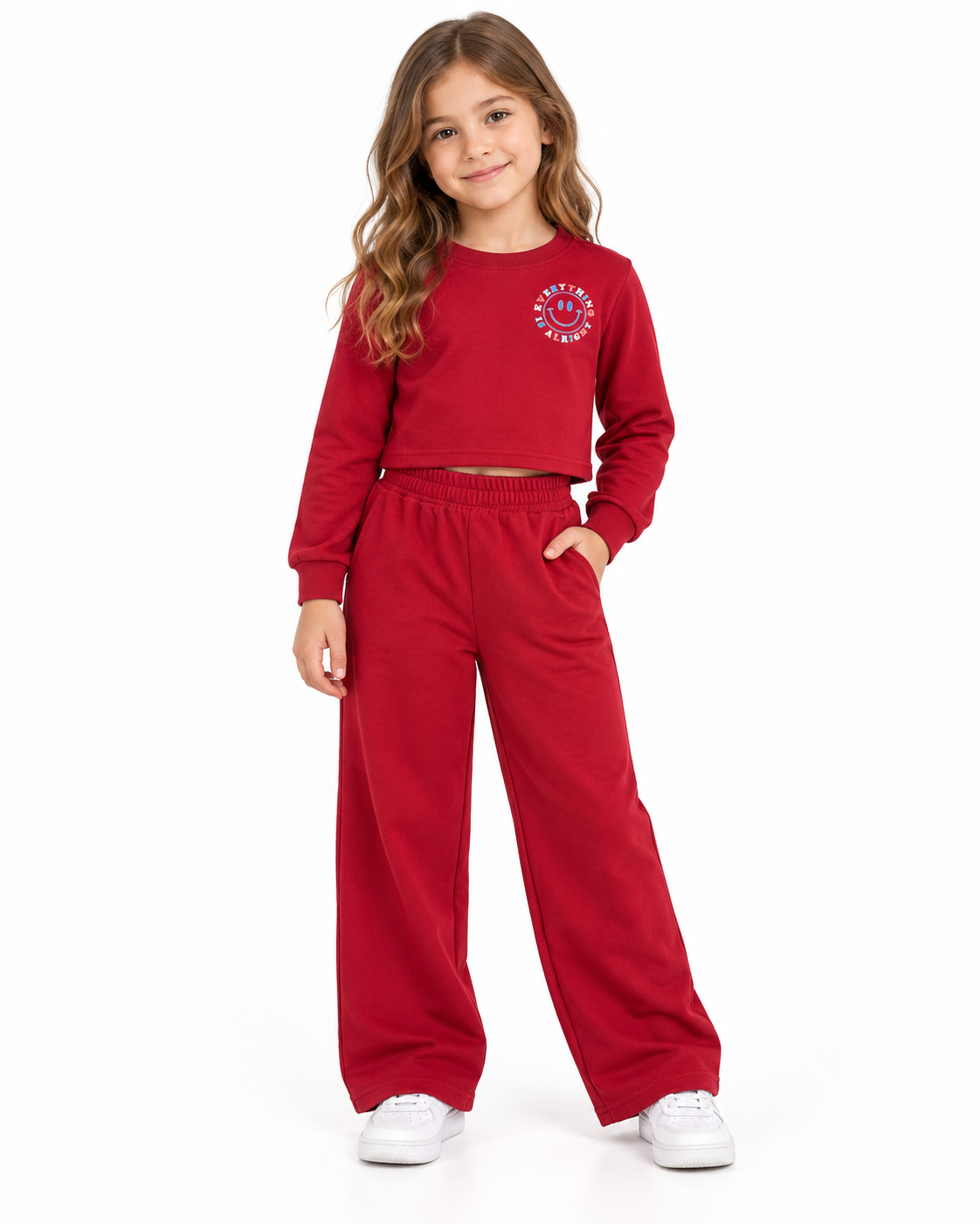 Set niña rojo con sudadera corta y pantalón de pierna ancha