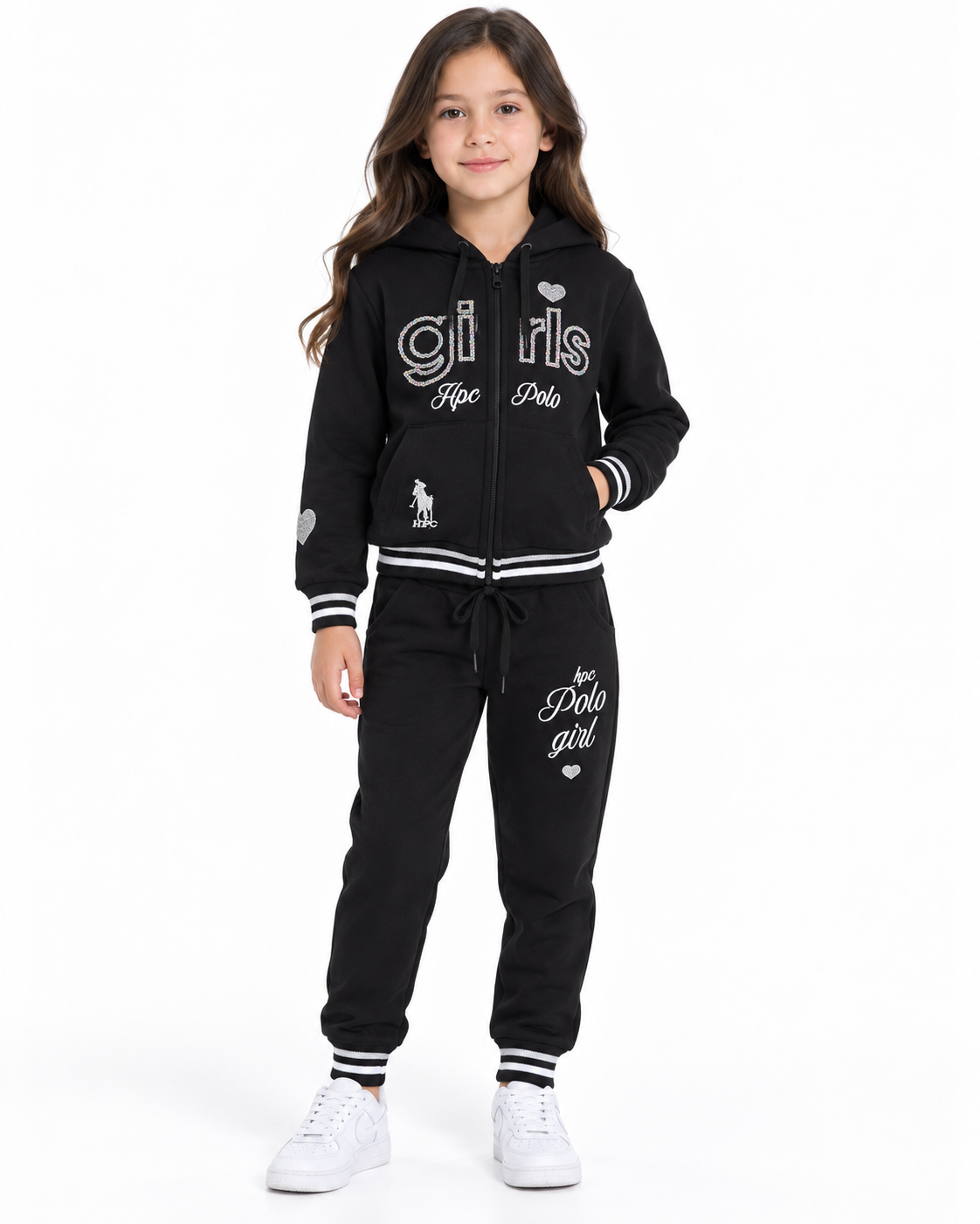 Set niña negro con sudadera de capucha, detalles brillantes y pantalón jogger