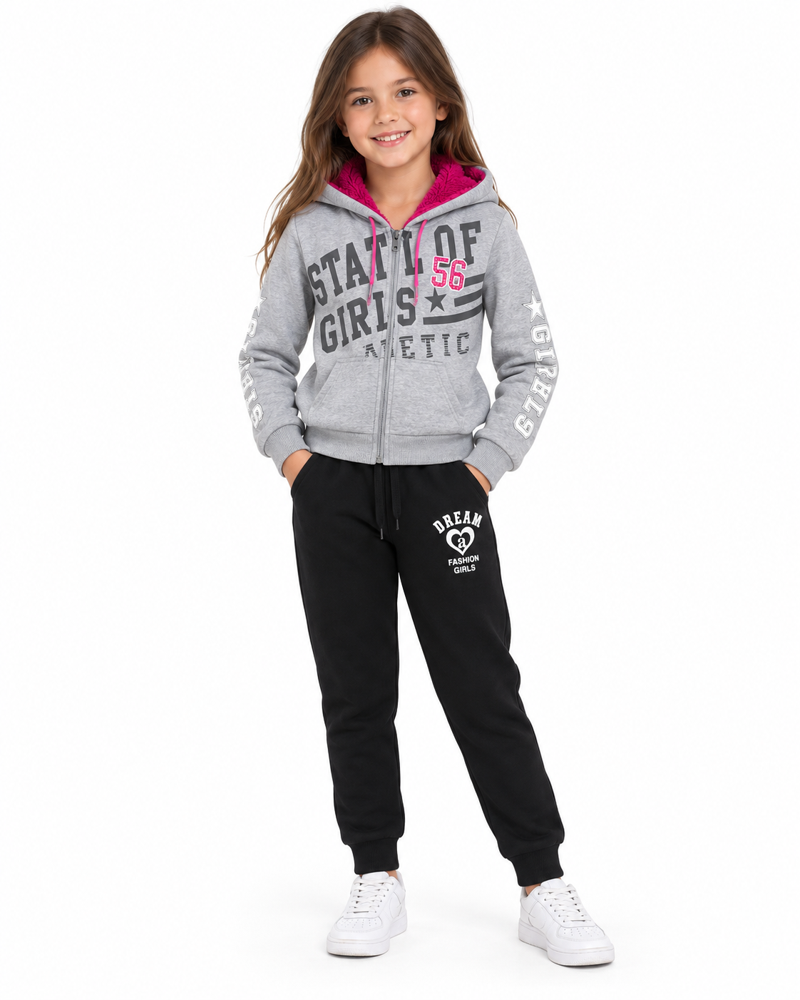 Set niña gris con sudadera de capucha afelpada y pantalón jogger negro