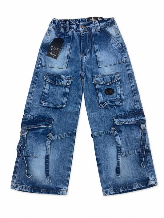 Pantalón niña cargo mezclilla con múltiples bolsillos