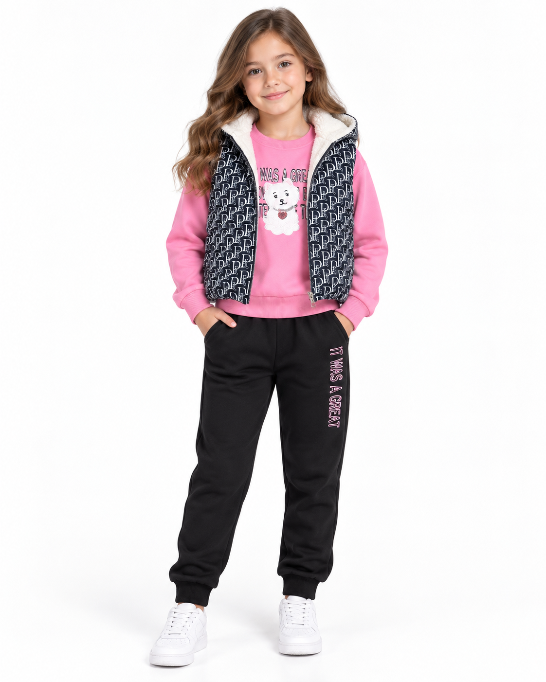 Set niña de 3 piezas rosa con chaleco afelpado y pantalón jogger negro