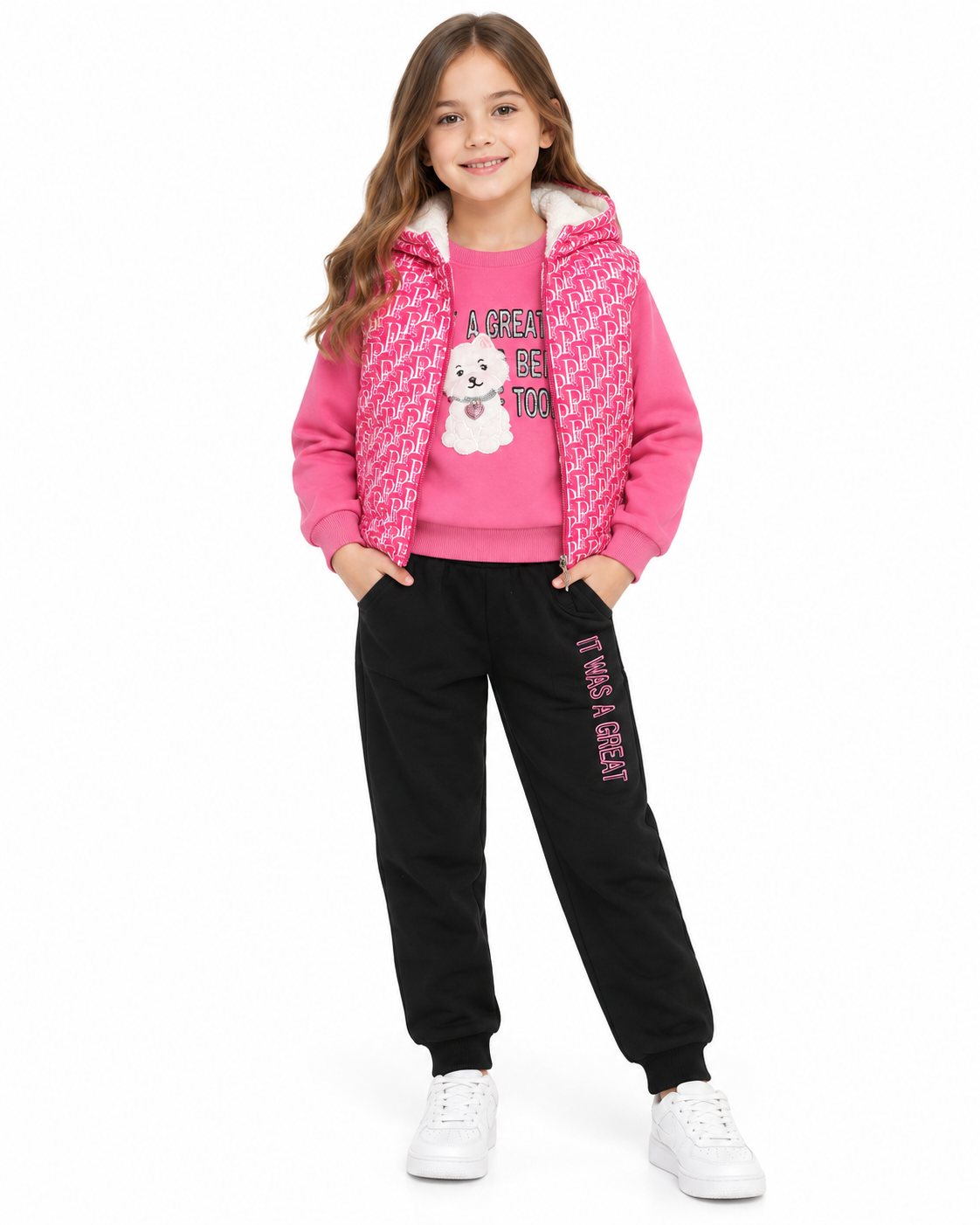 Set niña rosa de 3 piezas con chaleco estampado y pantalón jogger negro