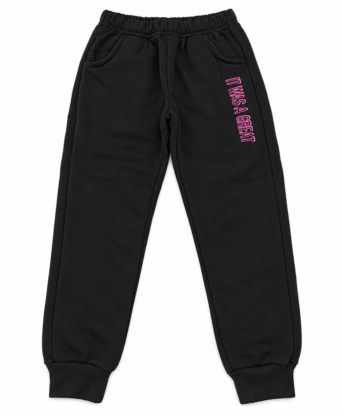 Set niña rosa de 3 piezas con chaleco estampado y pantalón jogger negro