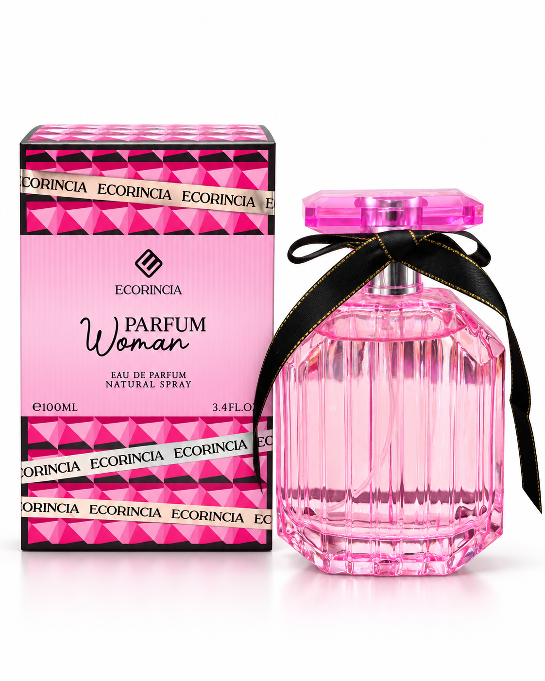 Perfume dama con frasco rosa y moño decorativo