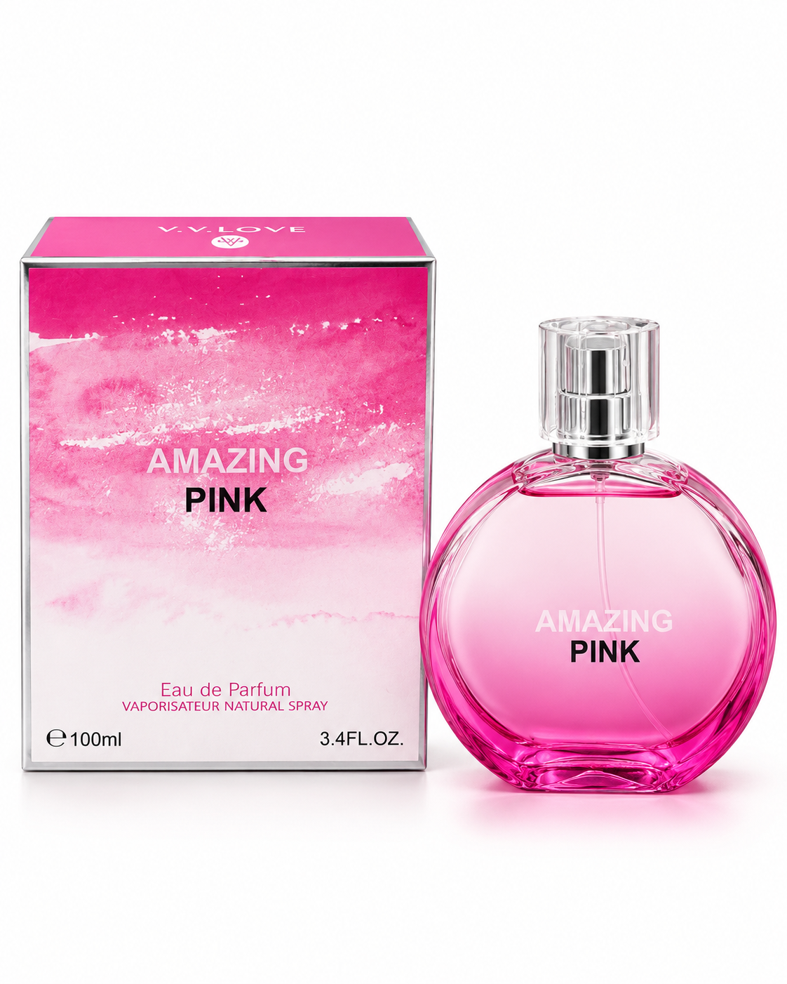 Perfume dama con frasco redondo rosa y tapa transparente