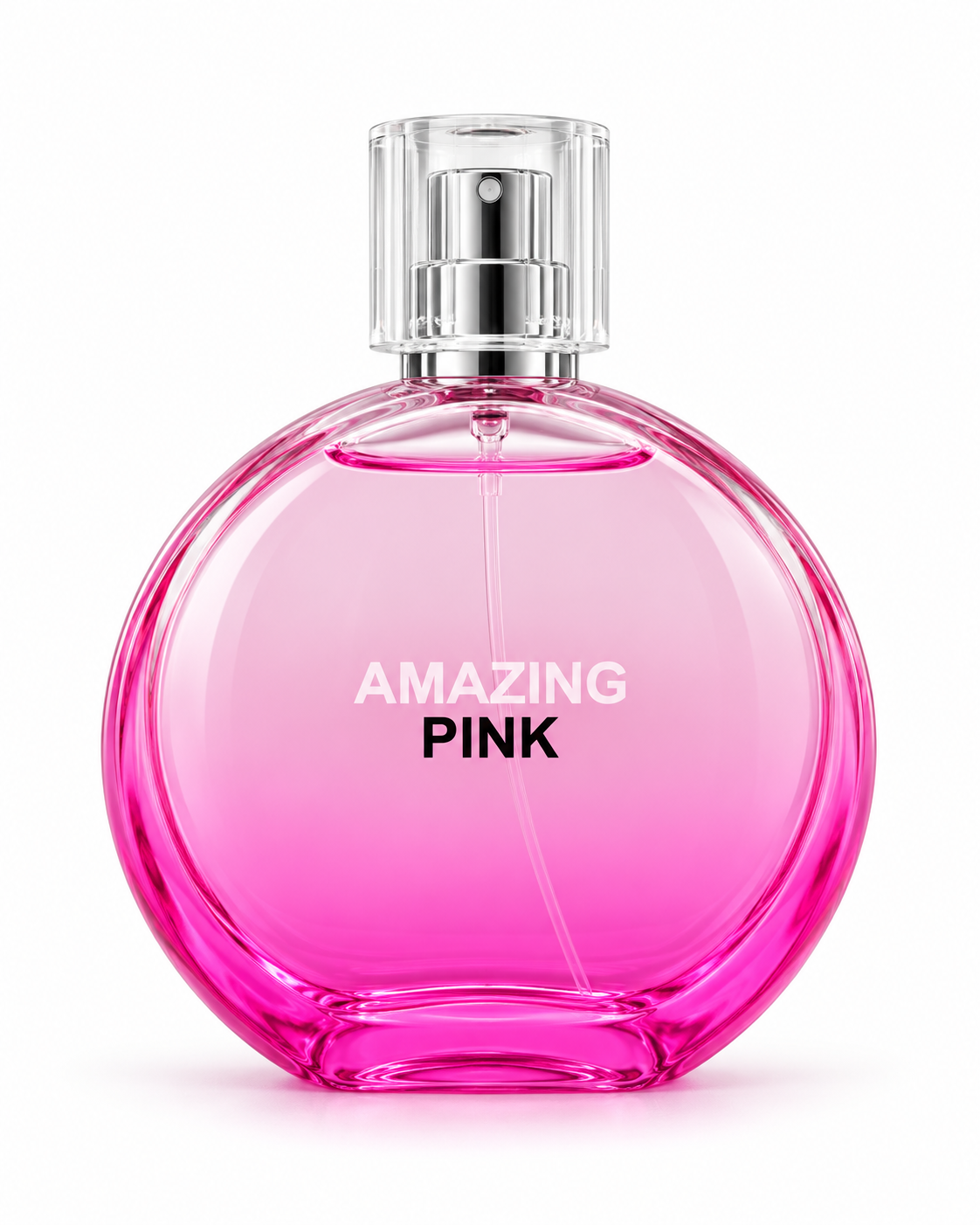 Perfume dama con frasco redondo rosa y tapa transparente