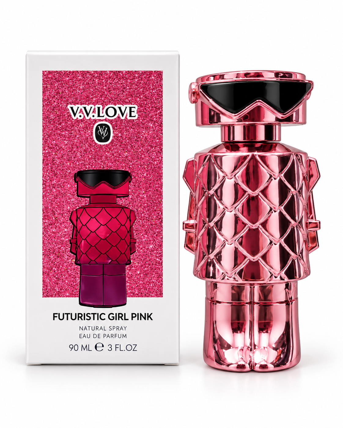 Perfume dama con frasco de muñeca futurista rosa metálico