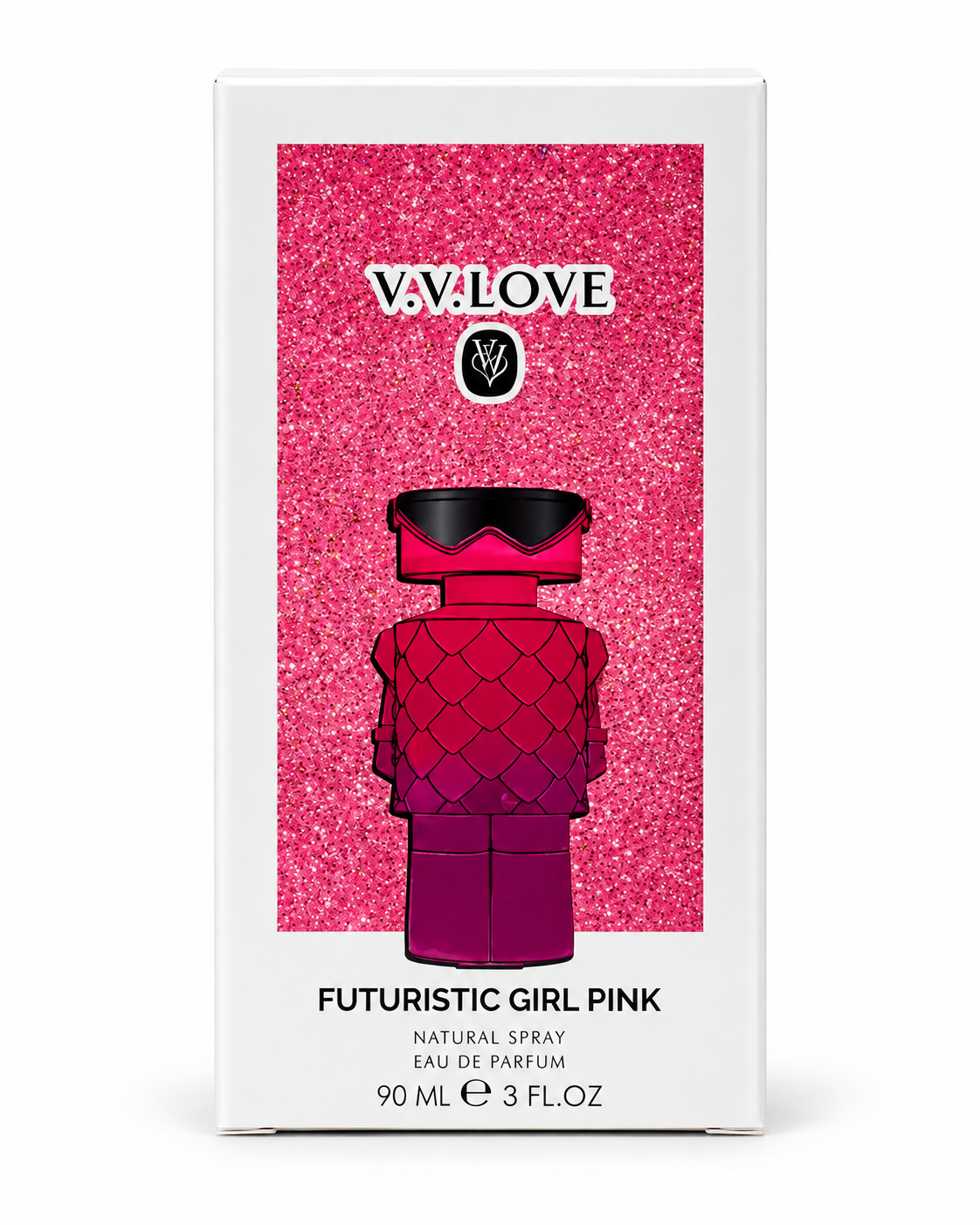 Perfume dama con frasco de muñeca futurista rosa metálico