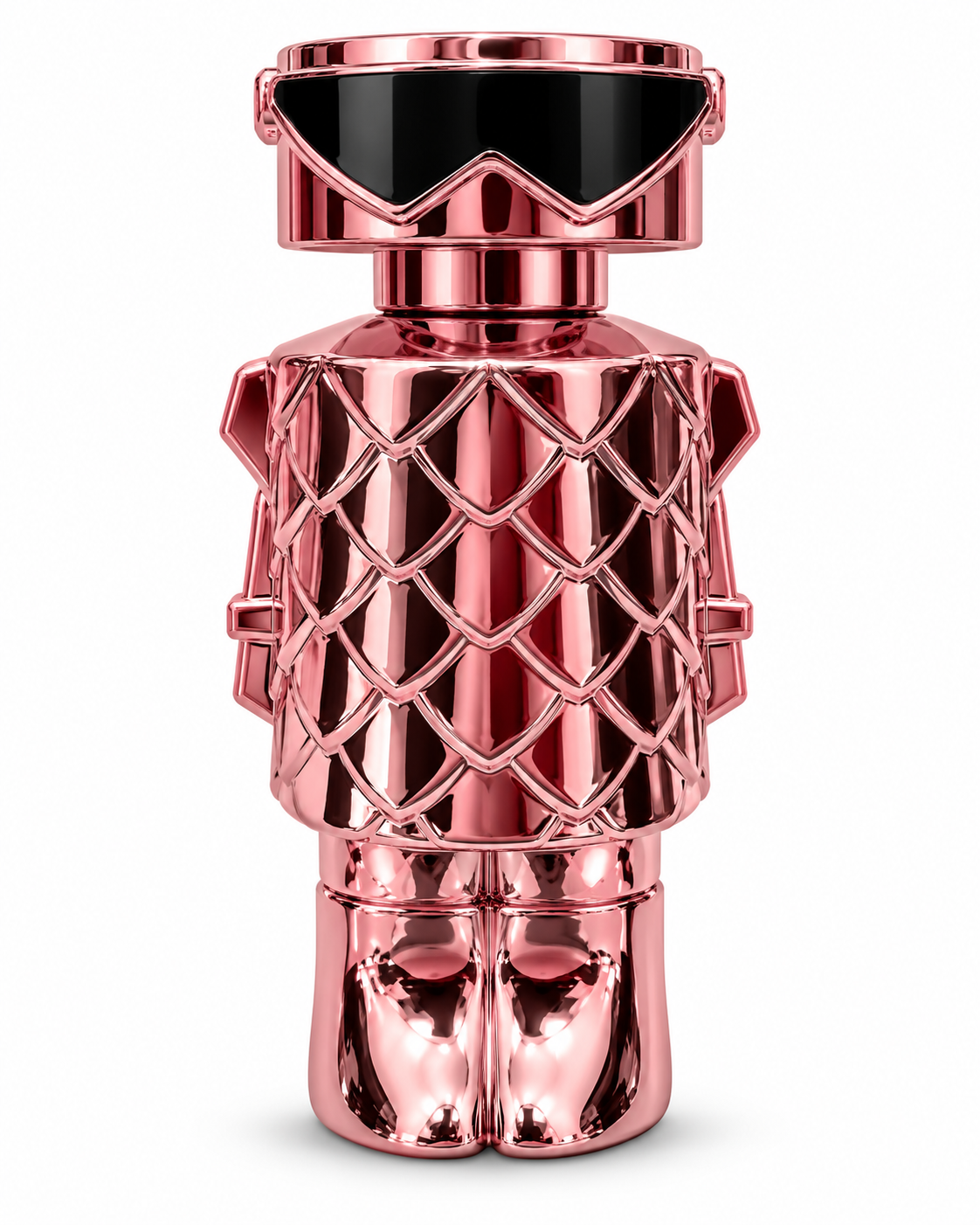 Perfume dama con frasco de muñeca futurista rosa metálico