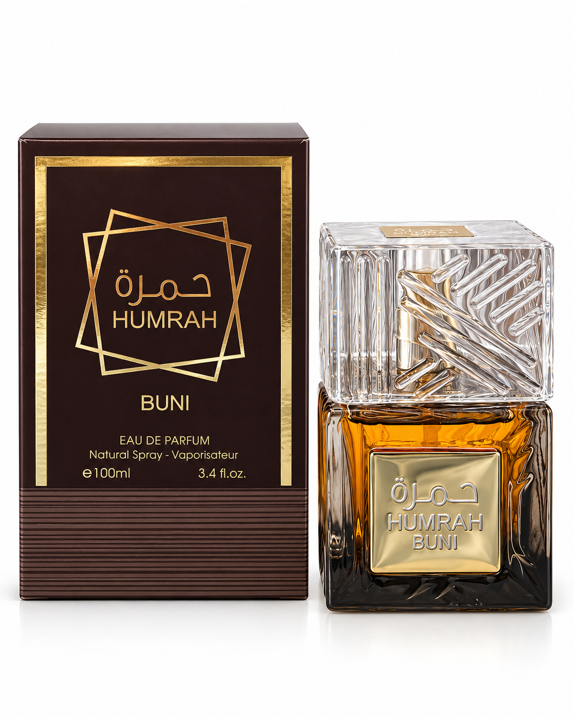 Perfume unisex con frasco ámbar y detalles dorados