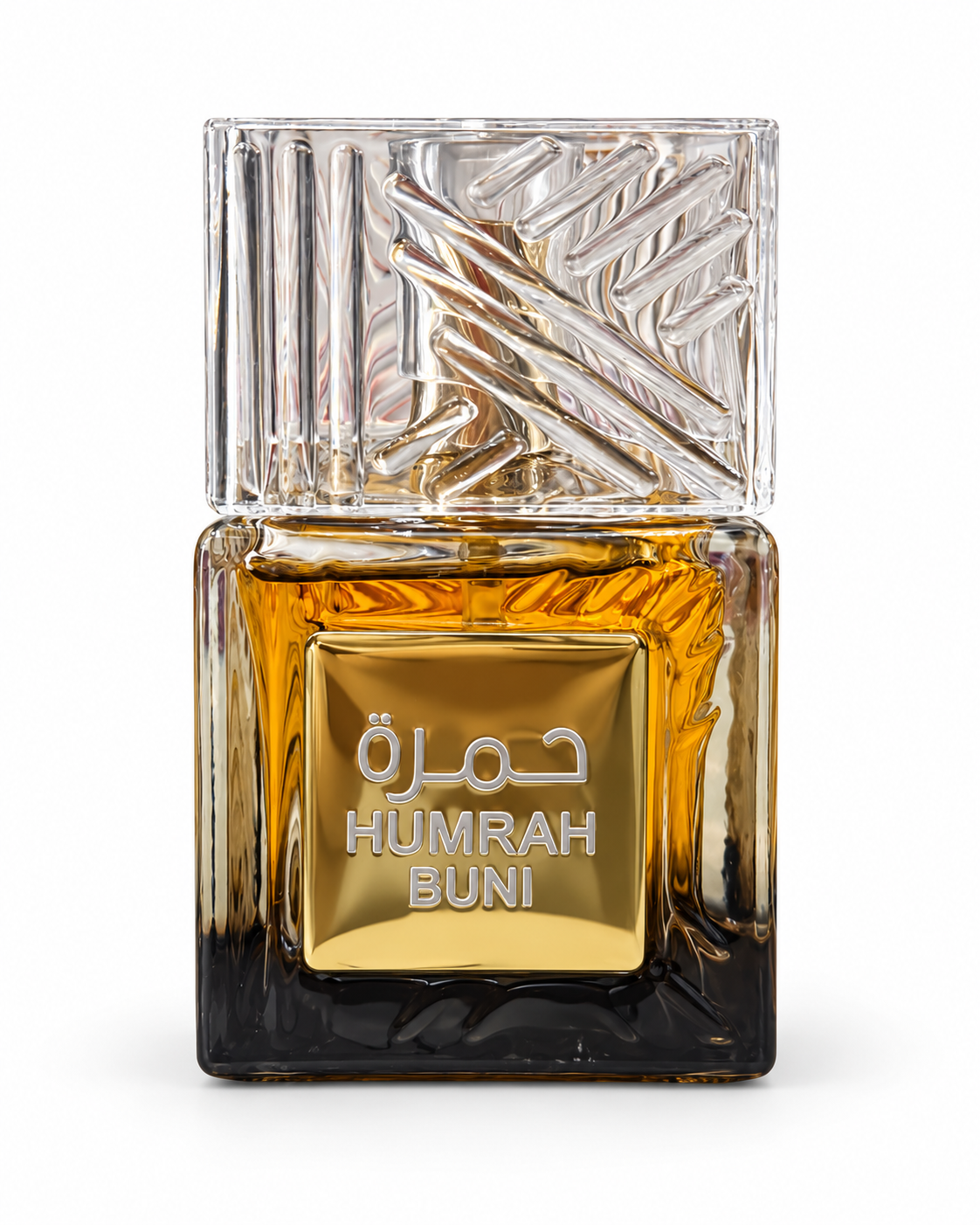 Perfume unisex con frasco ámbar y detalles dorados