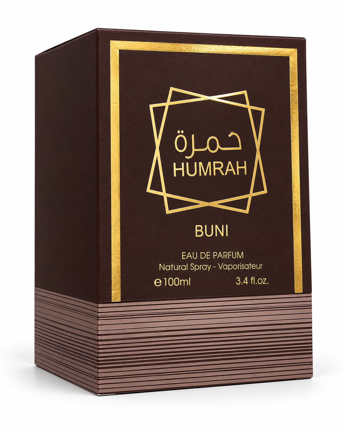 Perfume unisex con frasco ámbar y detalles dorados