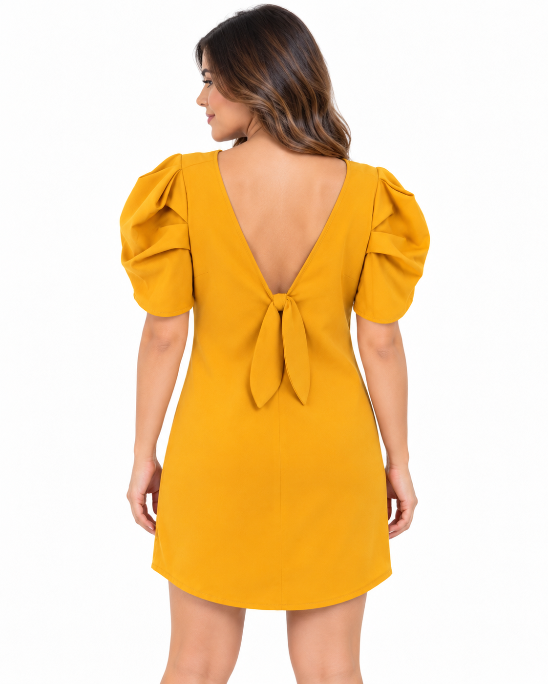 Vestido Dama OFERTA Corto Manga Abullonada Color Mostaza