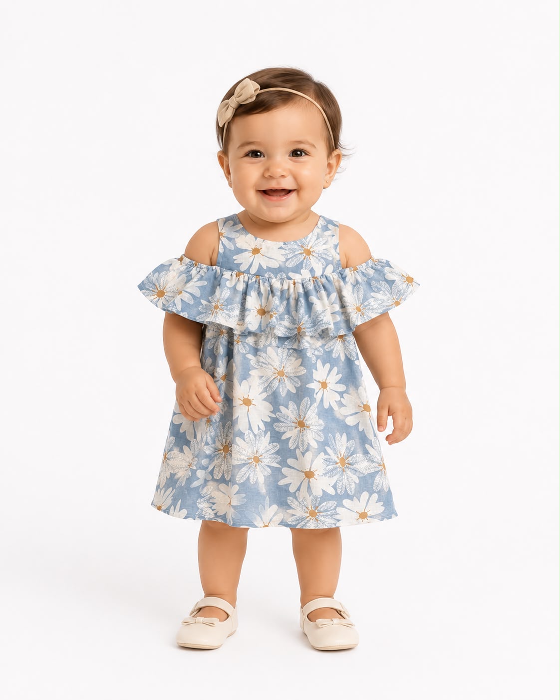Vestido niña meses azul con estampado de margaritas