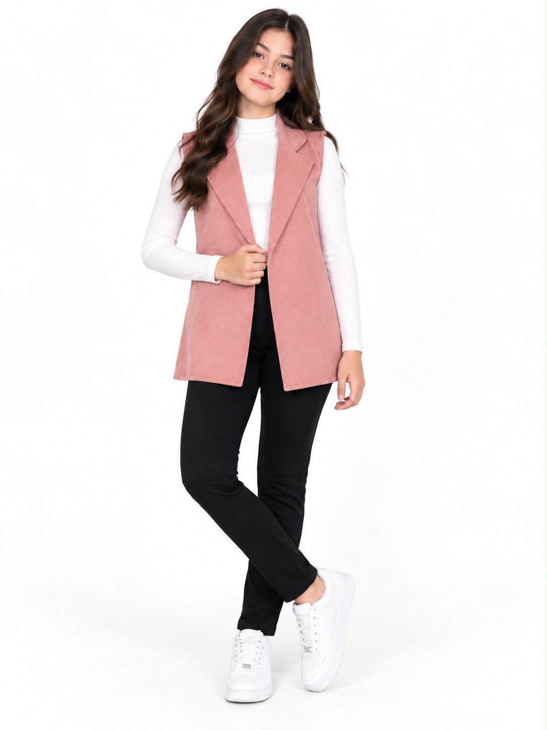 Set niña 3 piezas chaleco rosa, pantalón negro y blusa blanca 💗🖤🤍