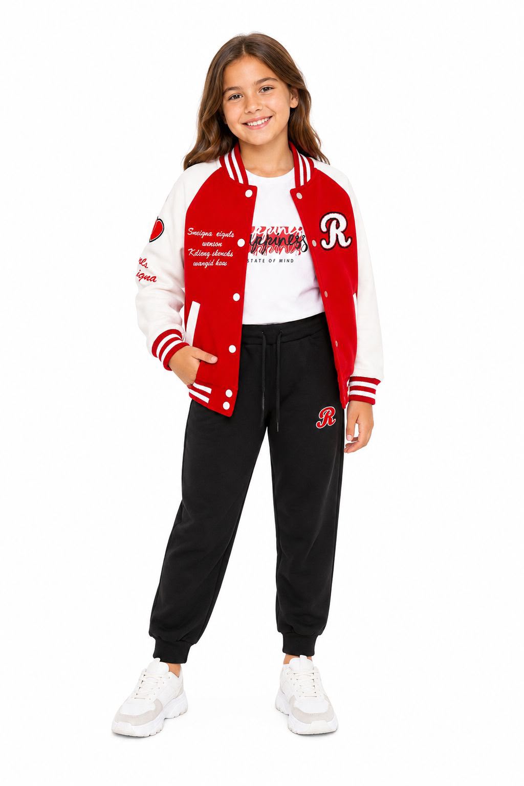 Set niña 3 piezas chamarra varsity, blusa y pantalón jogger ❤️🖤🤍
