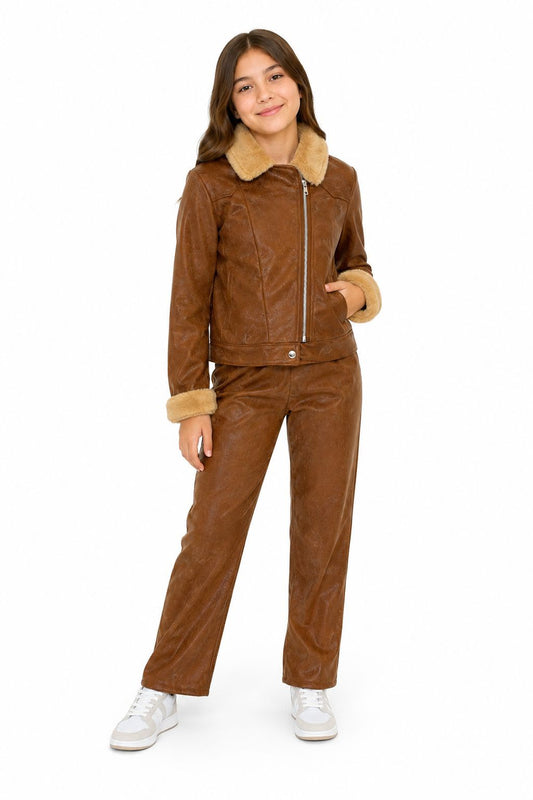 Set niña 2 piezas chamarra y pantalón efecto piel café 🤎✨