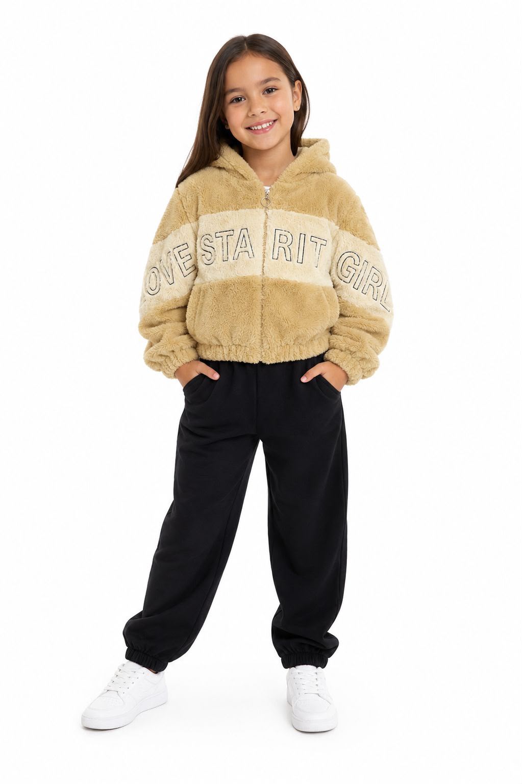 Set niña 2 piezas chamarra de peluche beige y pantalón negro 🤎🖤