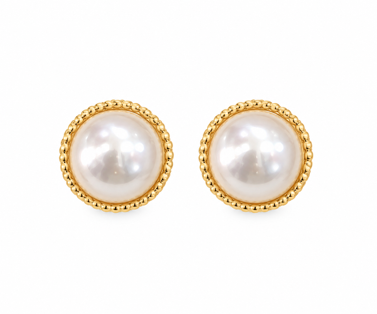 🤍 Aretes dama de Perla con Borde Dorado