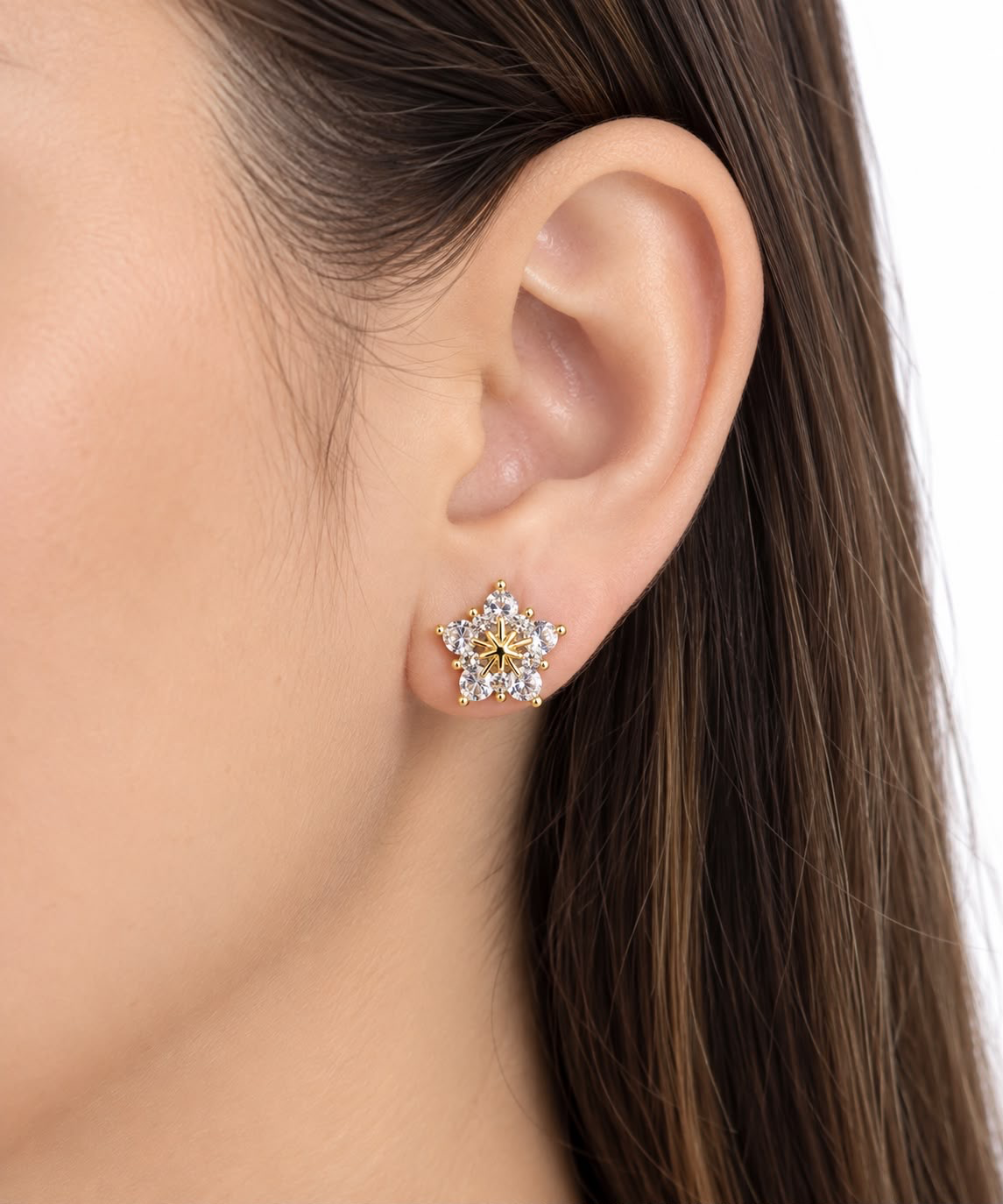 Aretes Dama Flor Dorada con Cristales ✨🌼