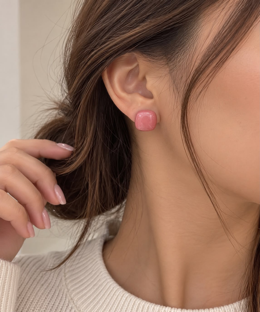 Aretes Dama Cuadrados Rosa Efecto Cristal 💗✨