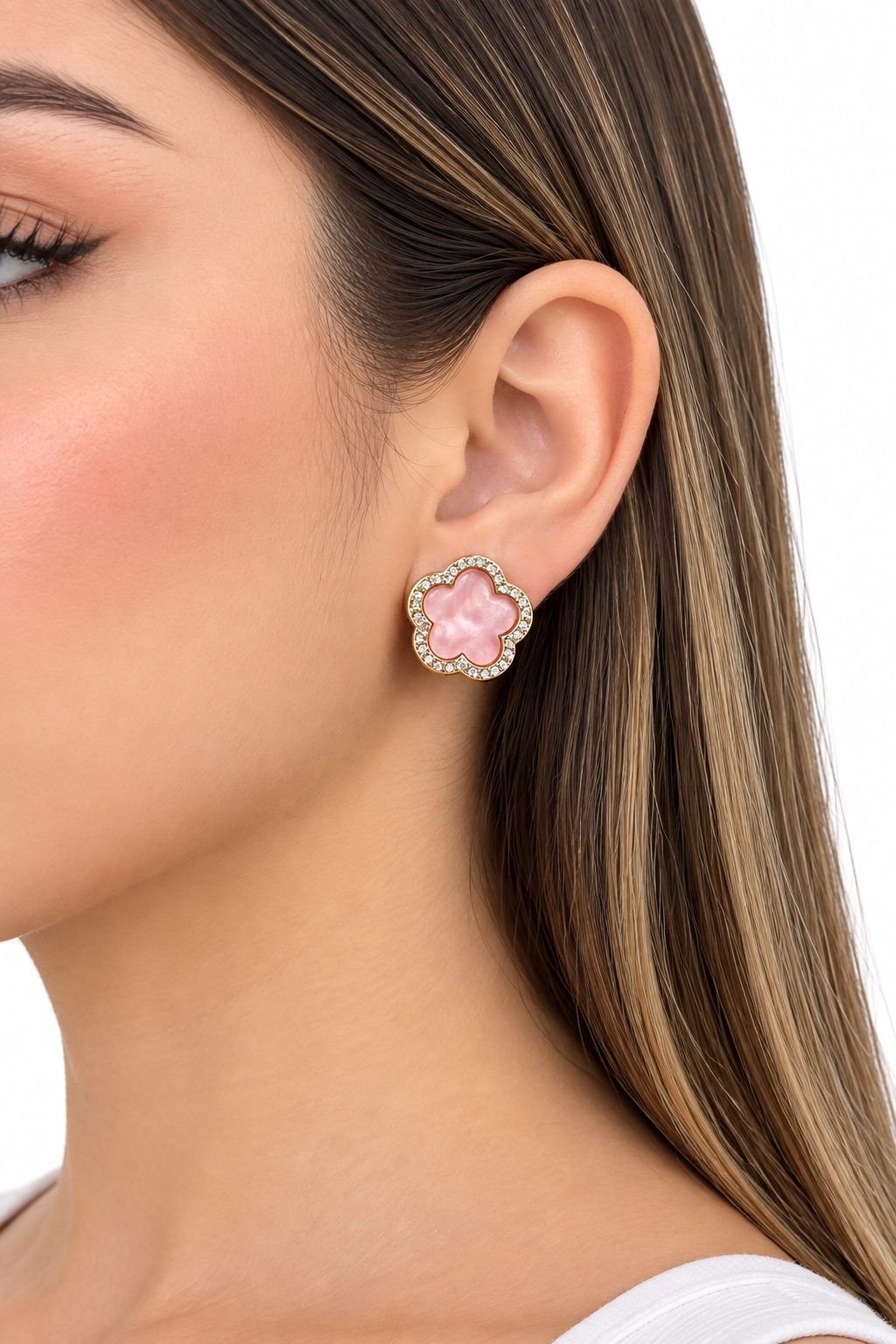Aretes Dama Flor Rosa Aperlada con Cristales 🌸✨
