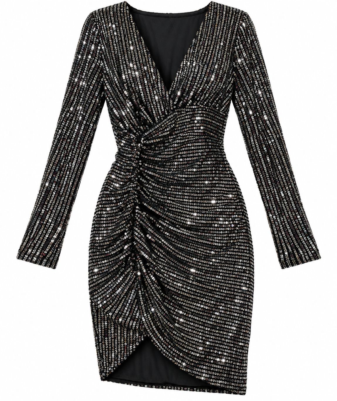Vestido dama de lentejuelas con escote en V y drapeado frontal