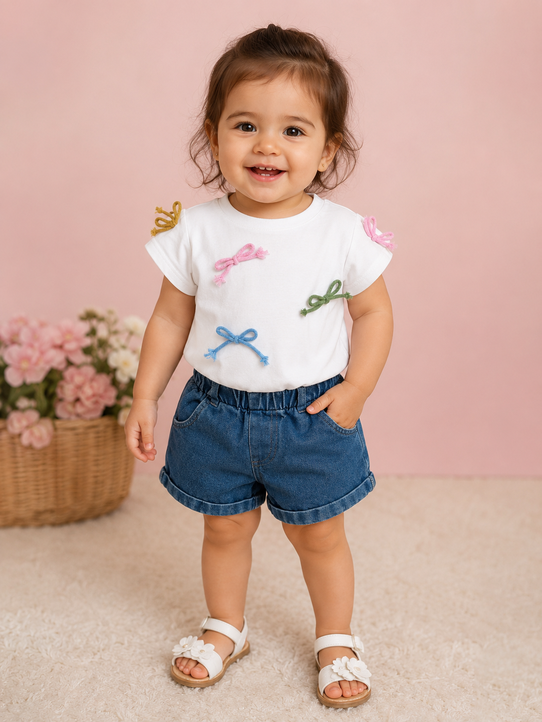 Set Bebé playera moños y short mezclilla