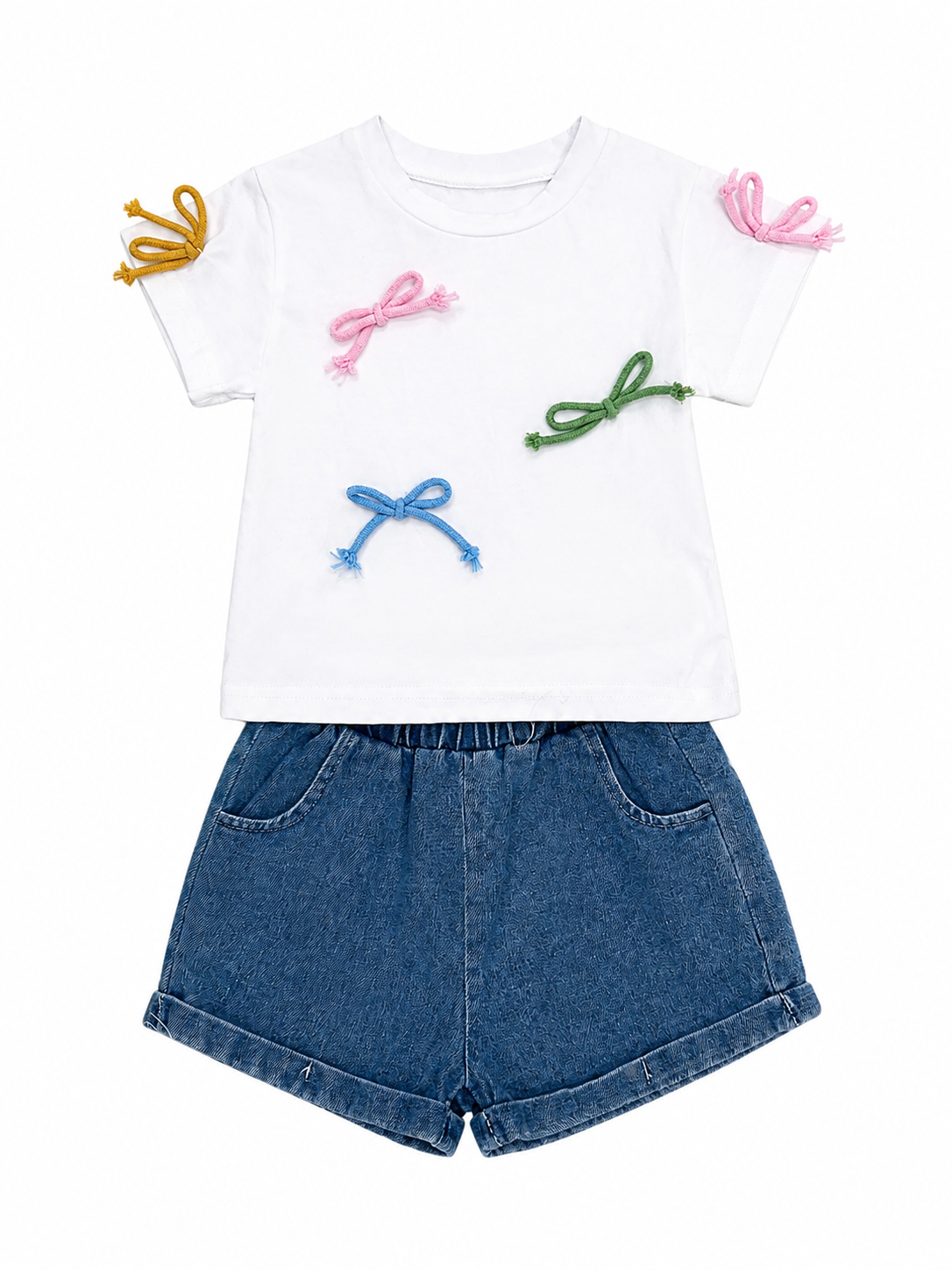 Set Bebé playera moños y short mezclilla