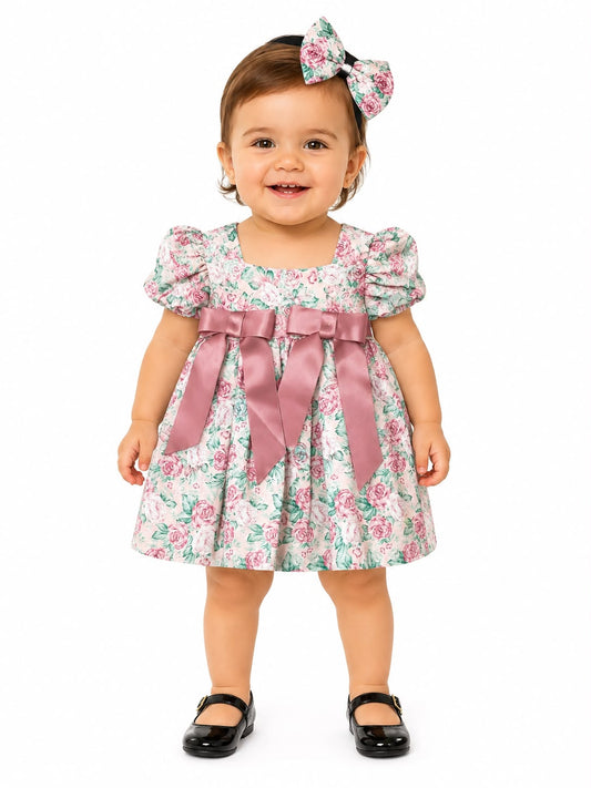 Vestido bebé meses floral con moño satinado