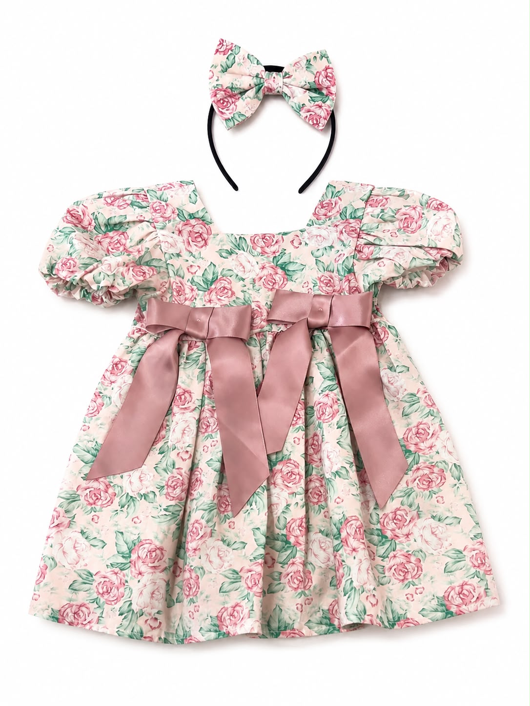 Vestido bebé meses floral con moño satinado