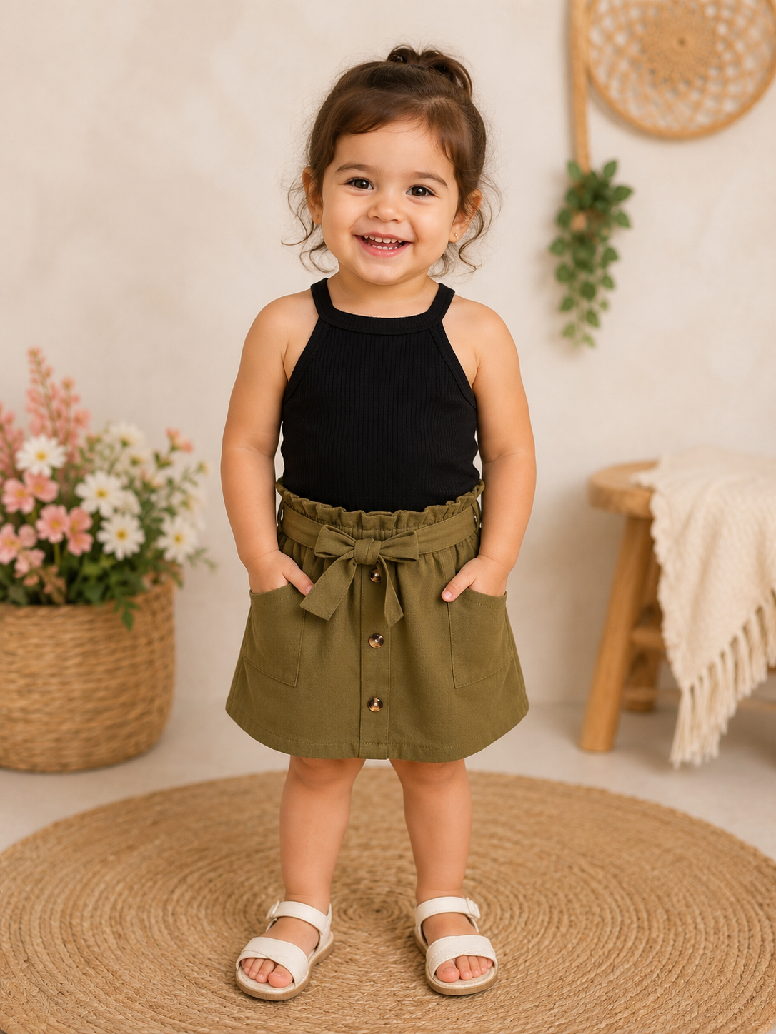 Set bebé blusa acanalada negra y falda verde olivo