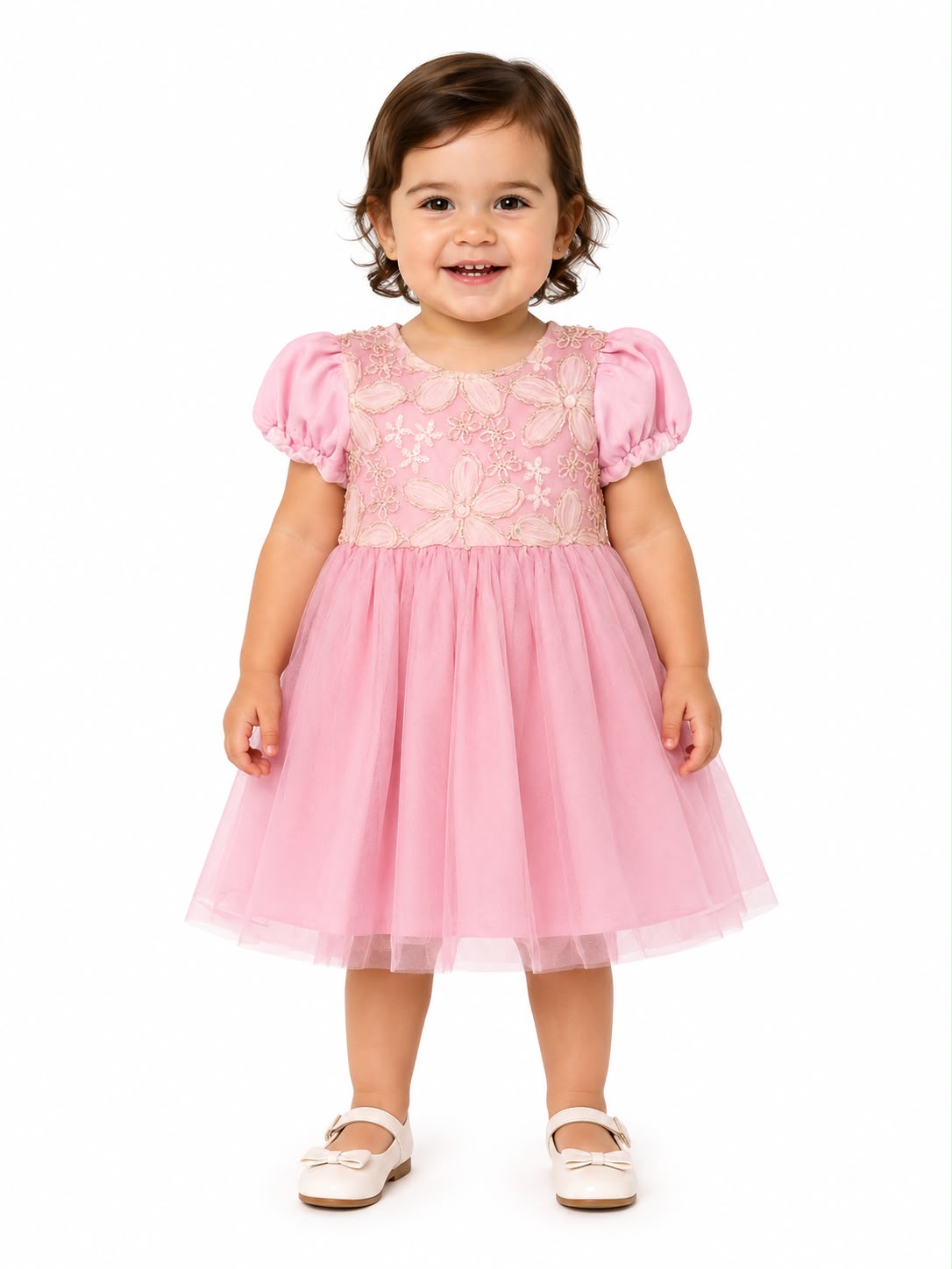Vestido niña meses de tul con flores bordadas rosa