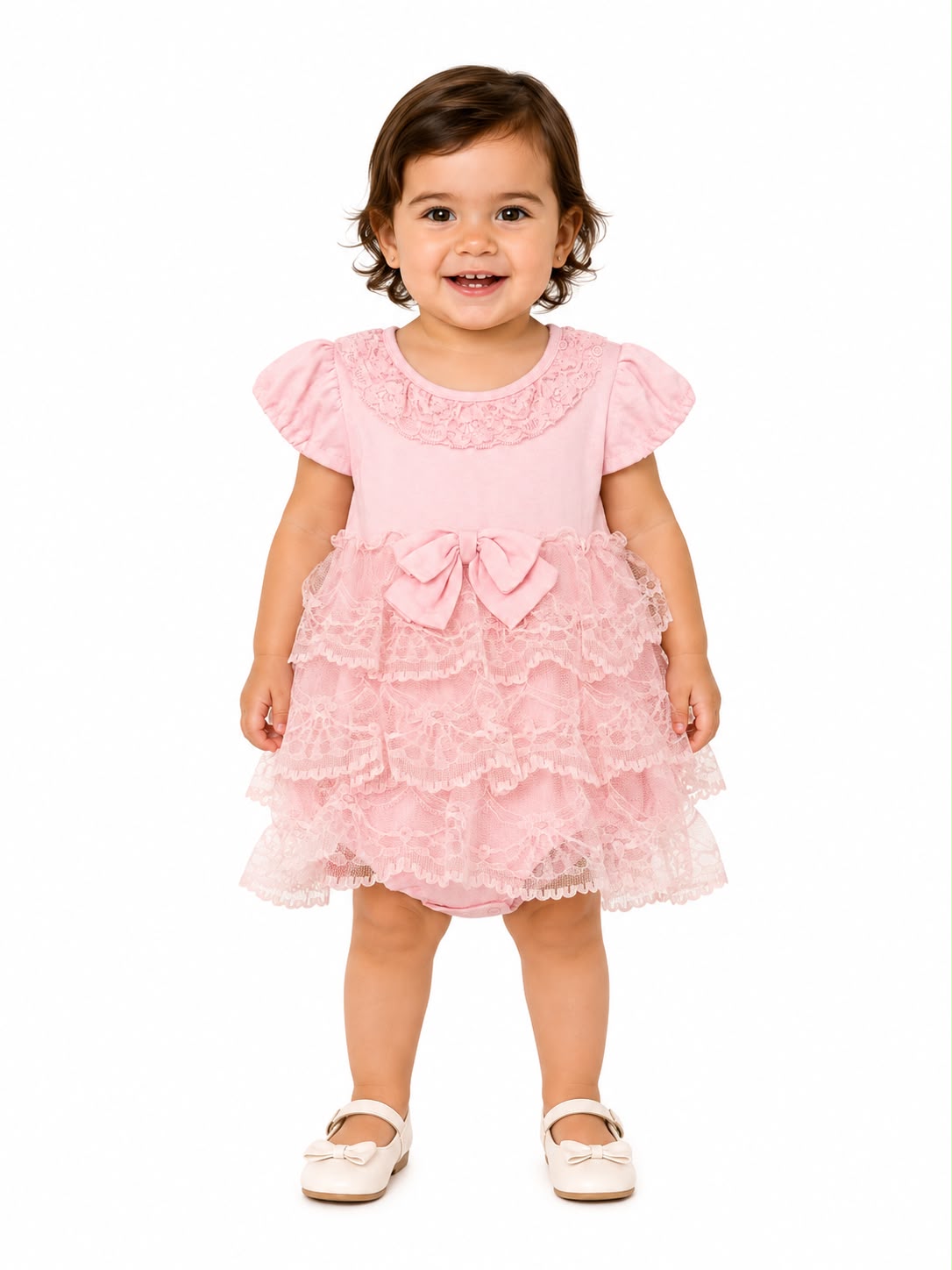Vestido niña con encaje y moño rosa