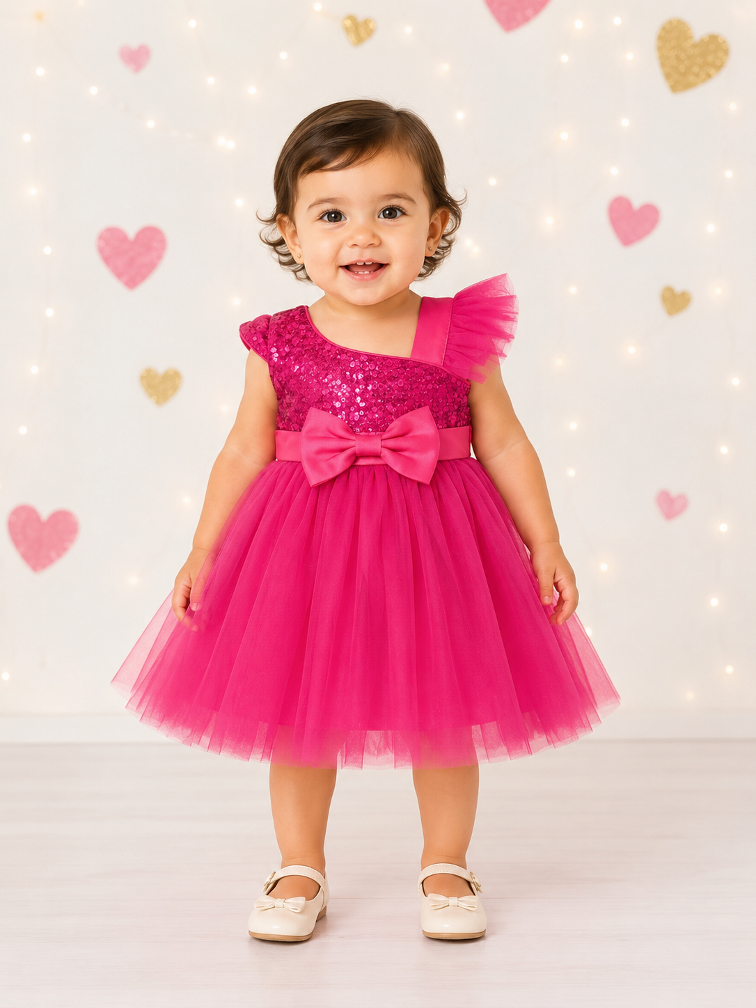 Vestido niña de tul con lentejuelas fucsia