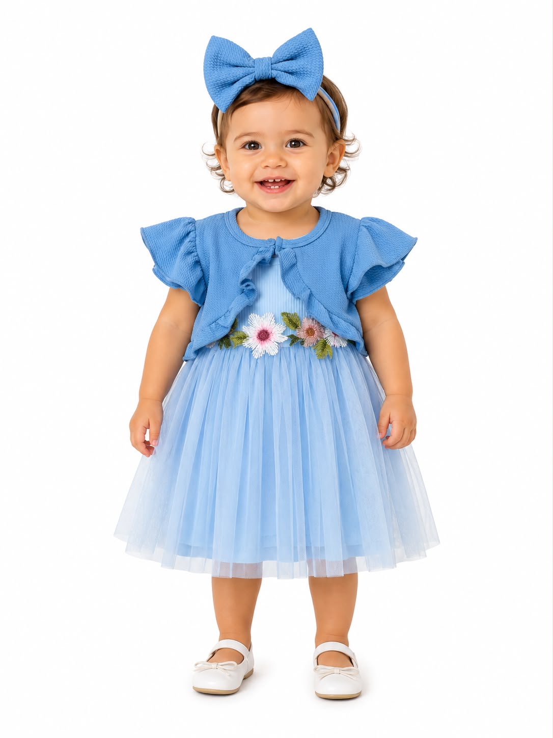 Vestido niña con bolero y falda azul tul floral