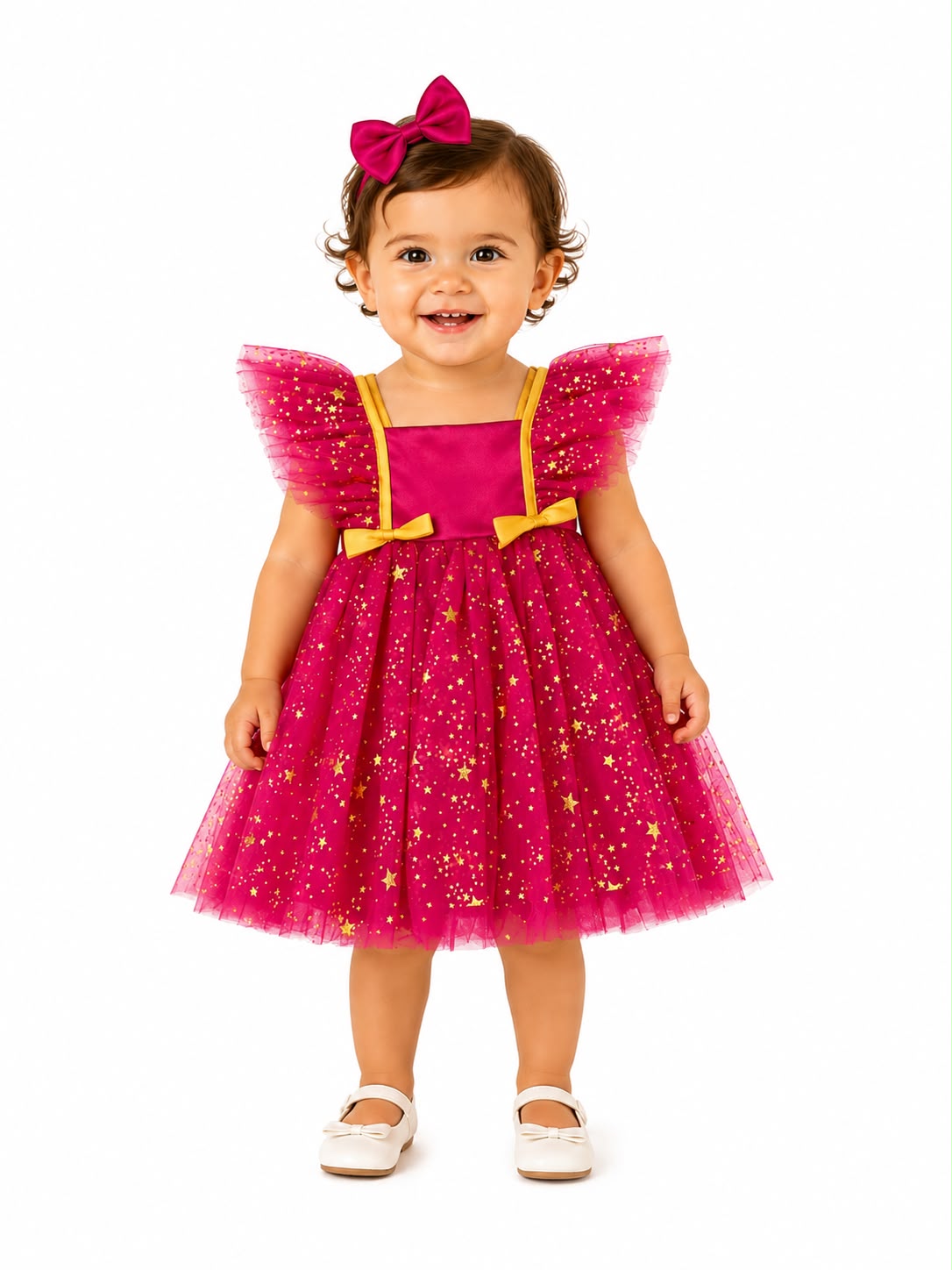 Vestido niña fucsia con tul y detalles dorados