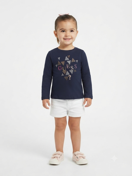 Blusa niña de manga larga estampada con aplicaciones brillantes