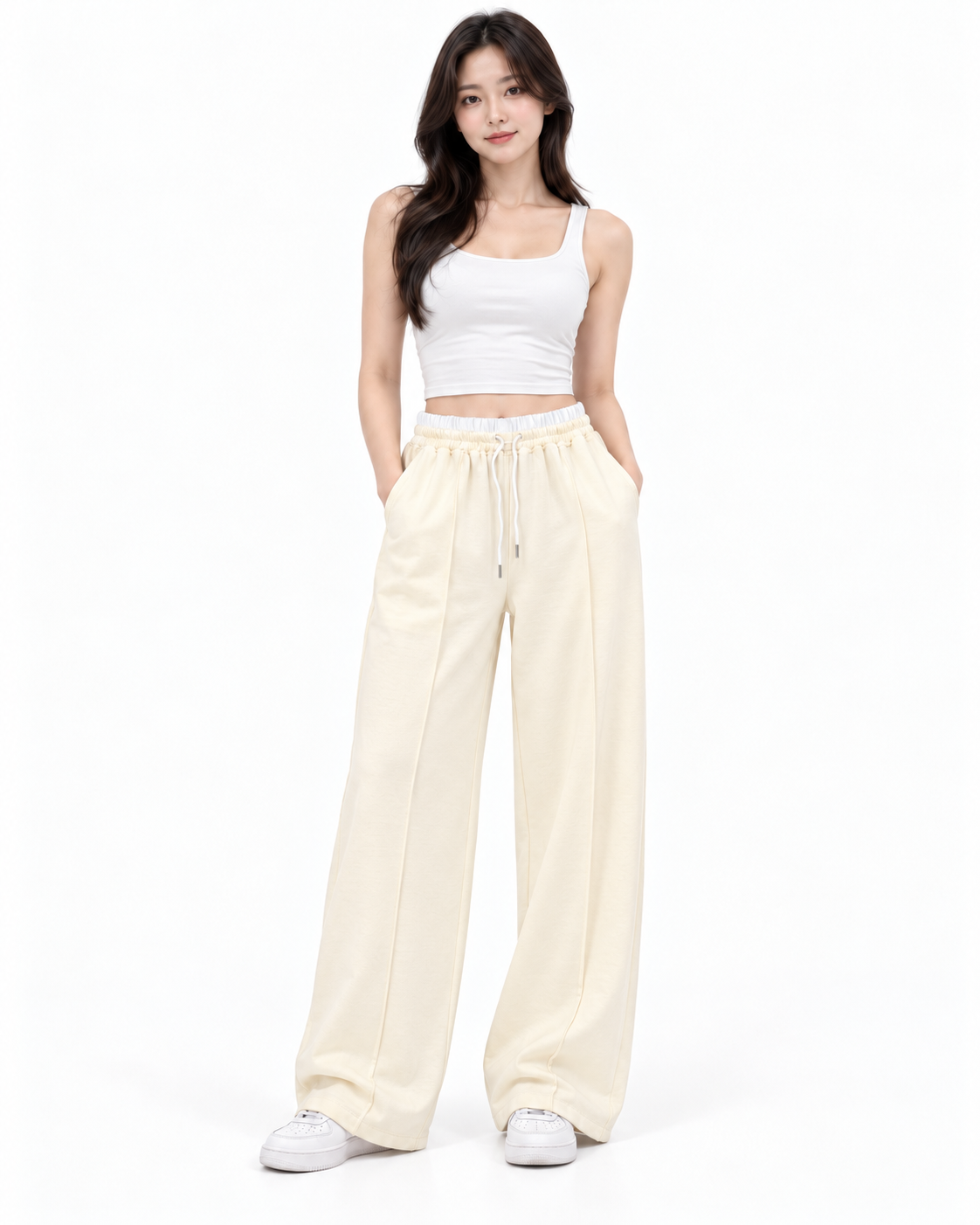 Pantalón dama Color Marfil con Cintura Elástica y Cordón Ajustable