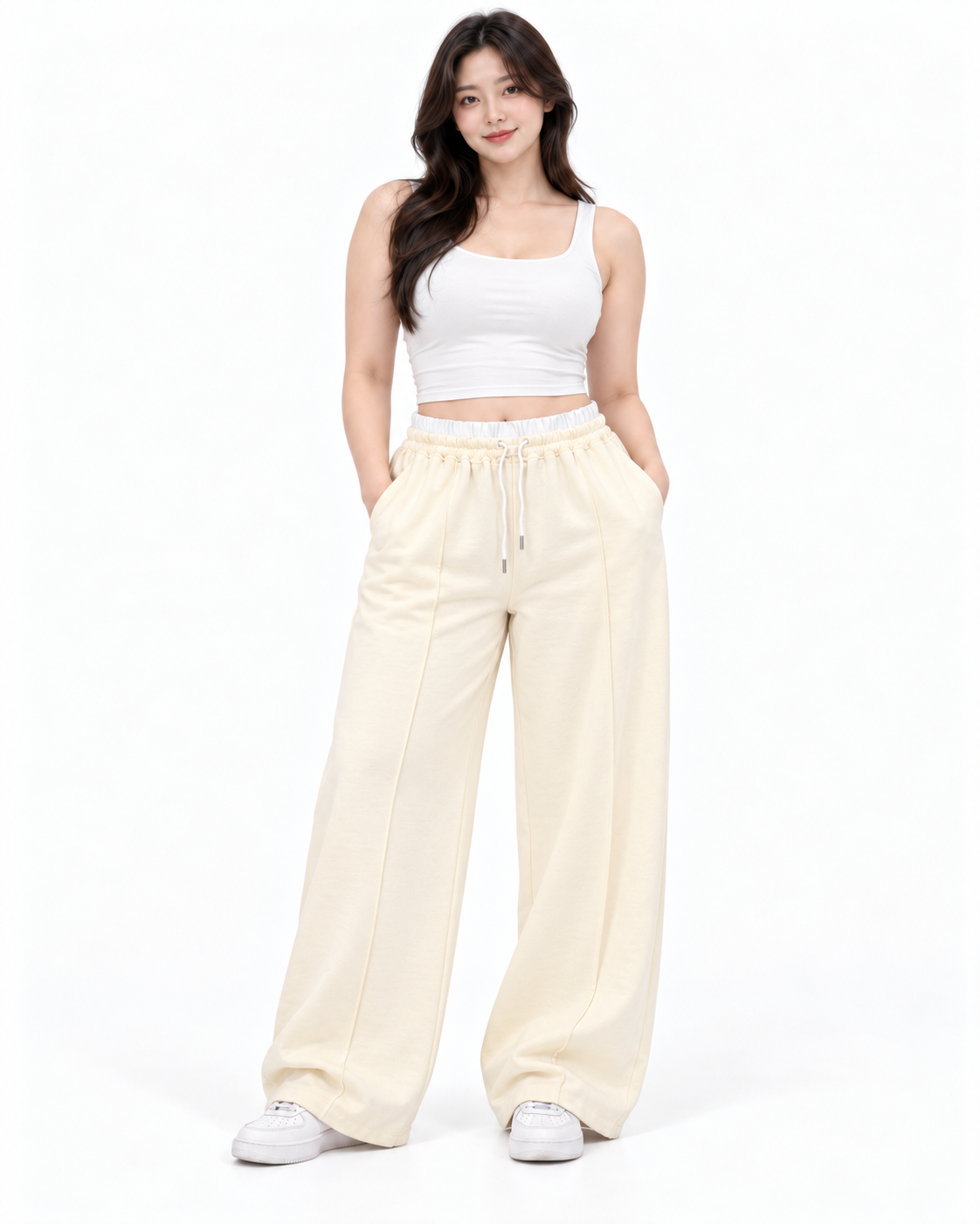 Pantalón dama Color Marfil con Cintura Elástica y Cordón Ajustable