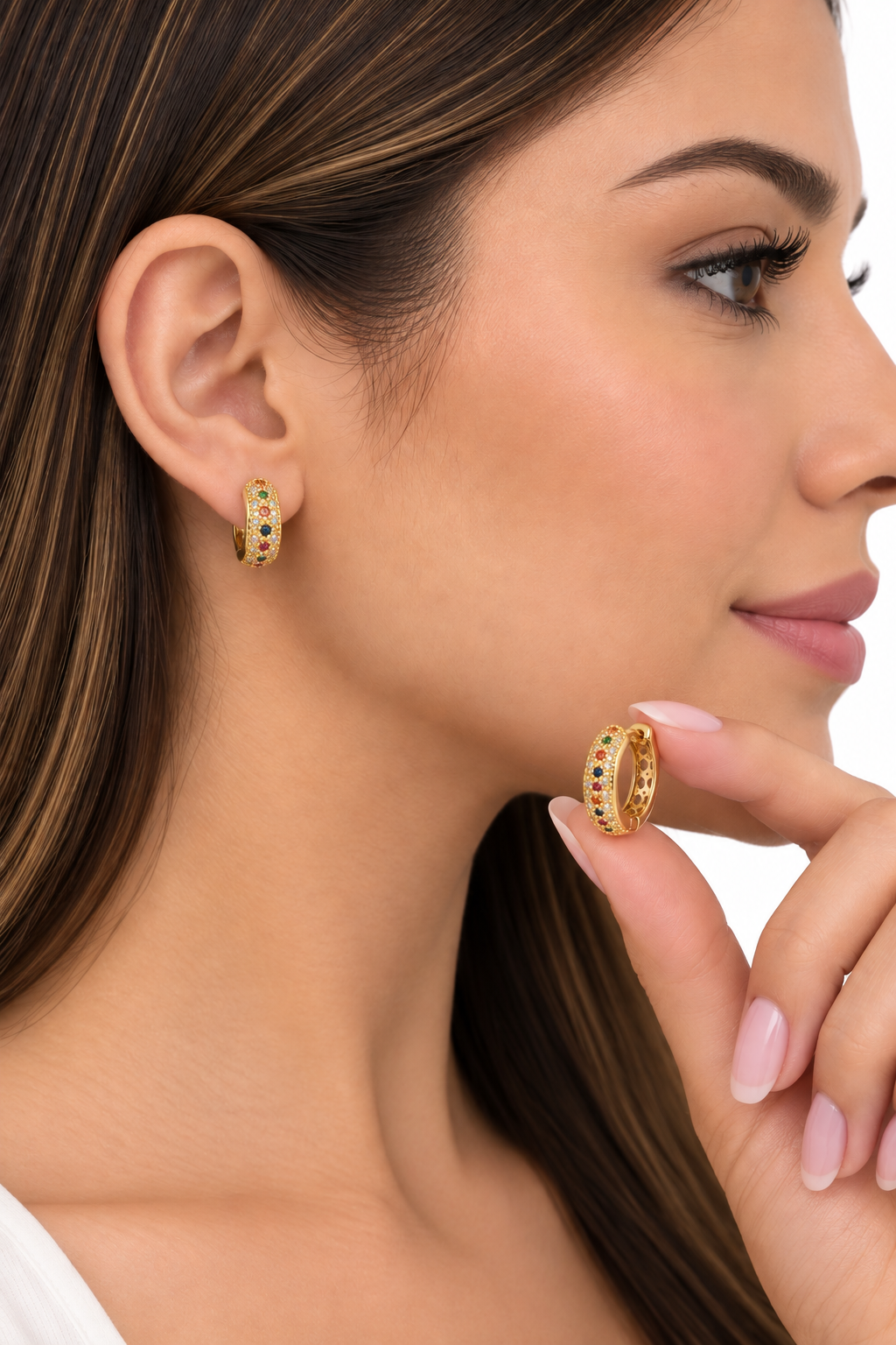 Aretes dama aro dorado con piedras multicolor ✨
