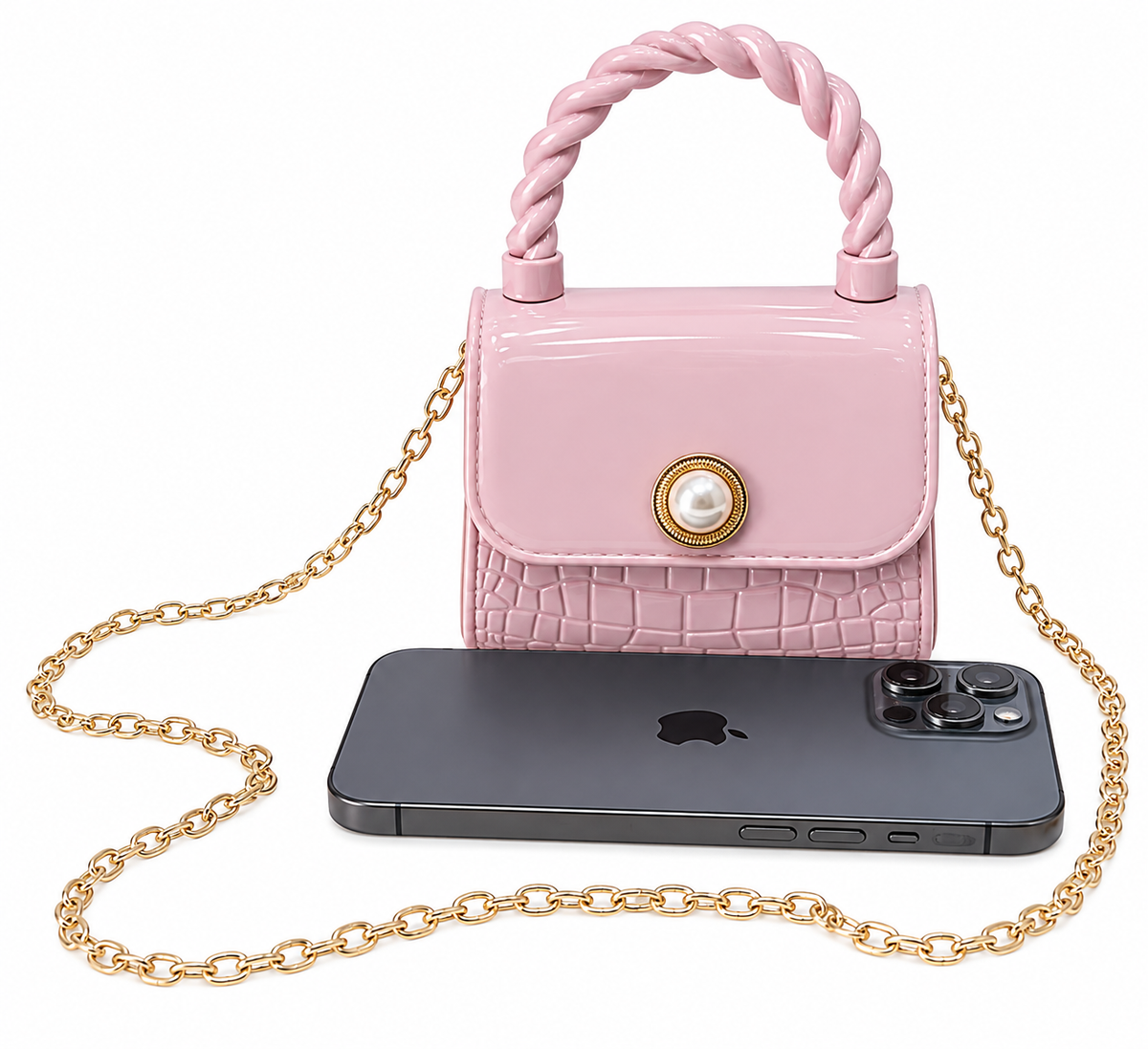 Bolsa infantil rosa con cadena dorada 🎀✨
