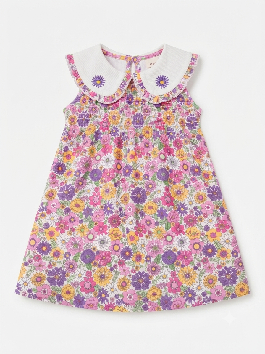 Vestido niña estampado floral con cuello bordado