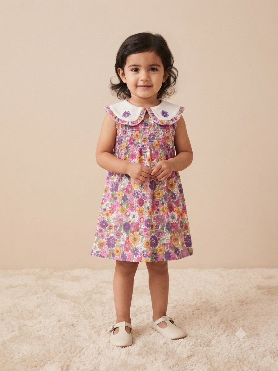 Vestido niña estampado floral con cuello bordado
