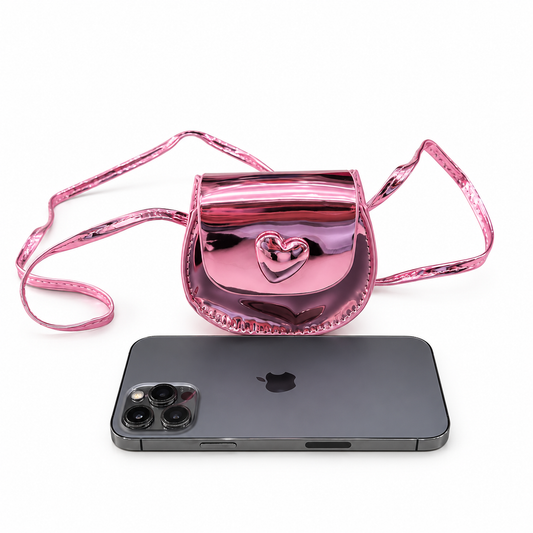 Bolsa infantil rosa metálica con corazón 💗✨