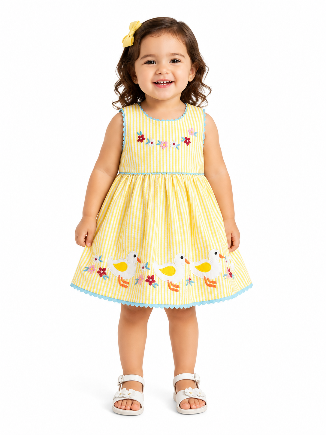 Vestido niña meses amarillo a cuadros con patitos bordados