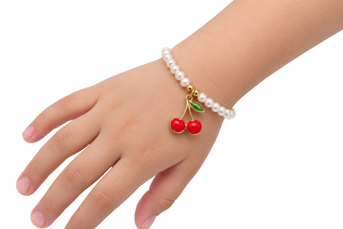 Pulsera niña con perlitas y dije de cerezas 🍒💕