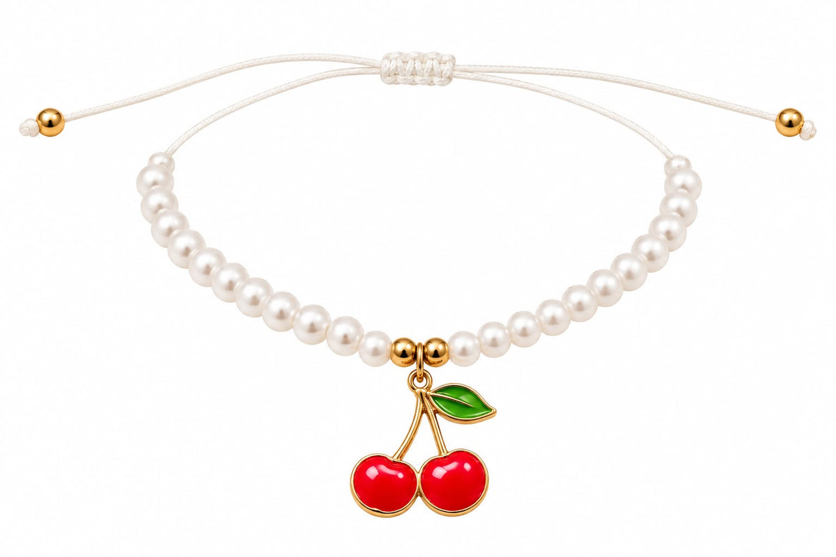 Pulsera niña con perlitas y dije de cerezas 🍒💕