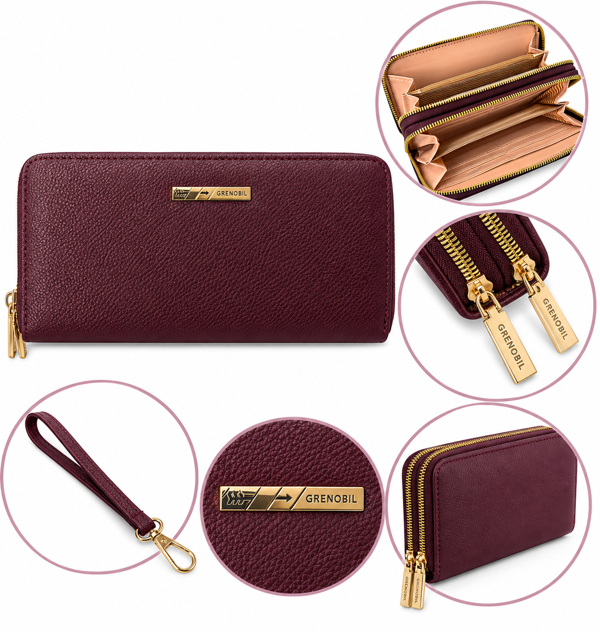 Cartera dama con doble cierre y múltiples compartimentos